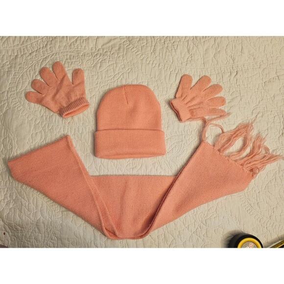 Chic Girls Pink Knit Winter Set Beanie Hat Gloves & Scarf Bundle Cold Snow Days - Picture 2 of 10